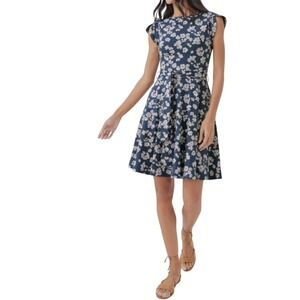Pact Womens XL Navy Floral Organic Cotton Fit & Flare Petal Sleeve Mini Dress